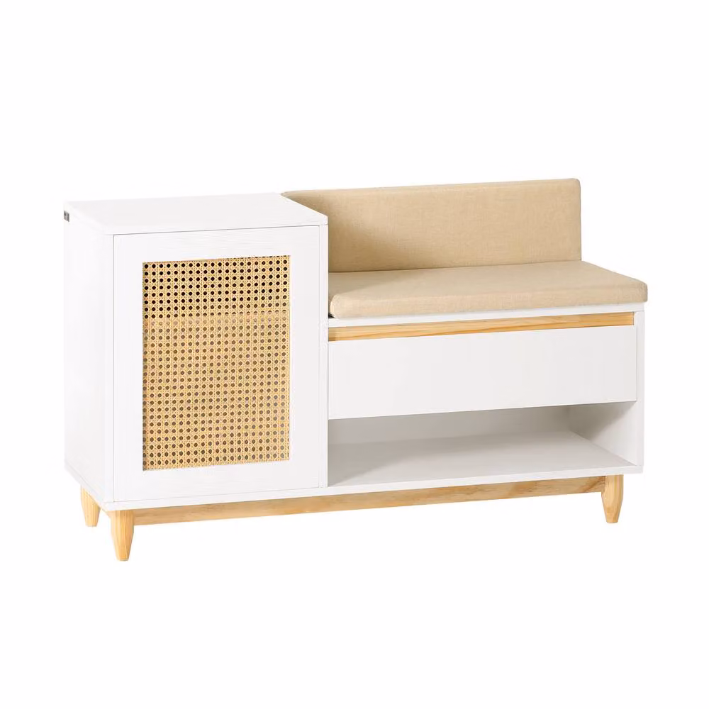 SoBuy Scandinavian Style Entrance Bench with Rattan Shoe Rack Storage in White and Beige – 2