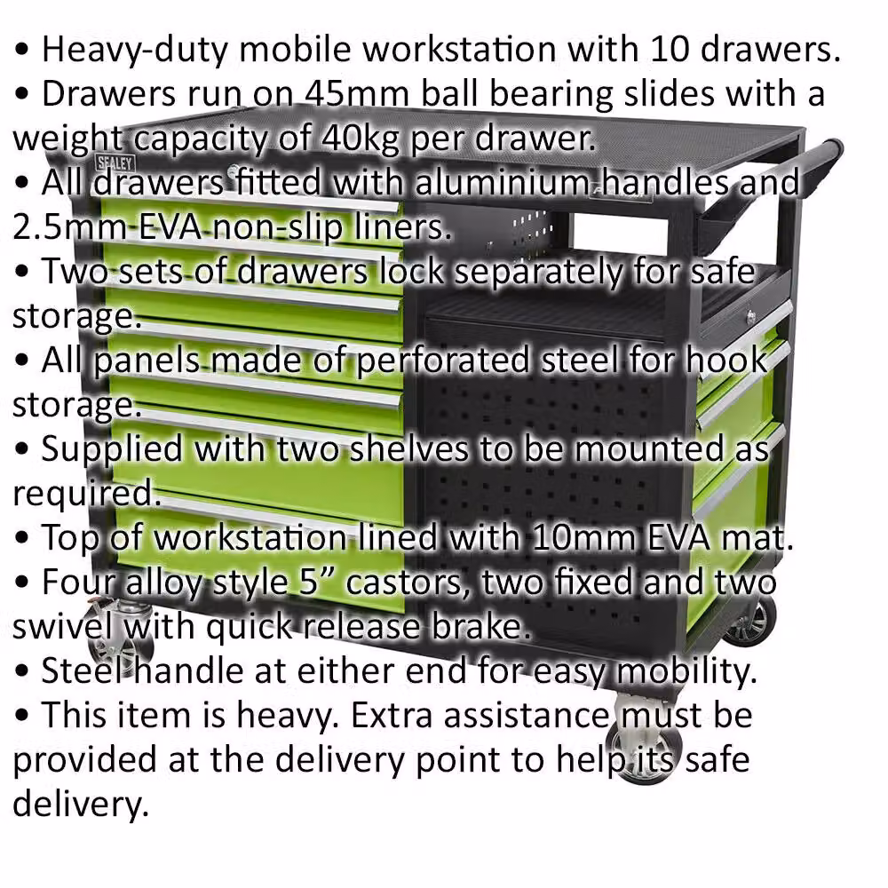 Loops Heavy Duty 10 Drawer Mobile Workstation Trolley with 2 Open Shelves and 5 Inch Castors, Multicolour – 2