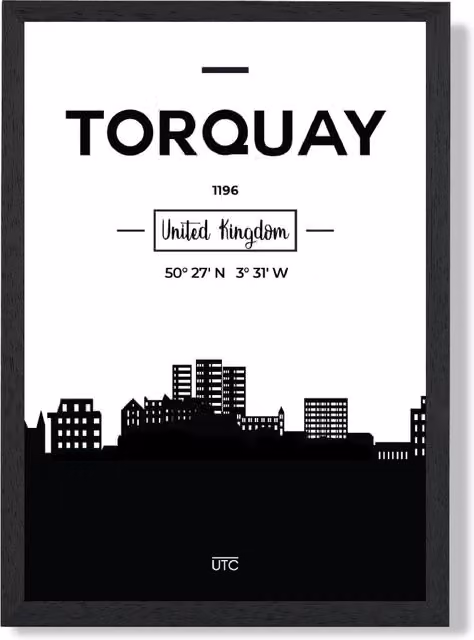 ARTZE Torquay Black and White City Skyline Framed Photograph in Black Frame, A4