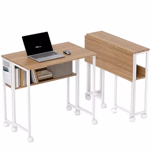 HOMCOM Folding Writing Desk with Storage Shelf and Bag in Brown Natural Wood Finish