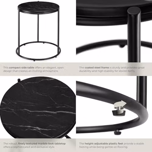 tectake Ellsa Round Side Table in Black with Height-Adjustable Feet, W/D/H: 50.5 x 43.0 x 43.0 cm – 6
