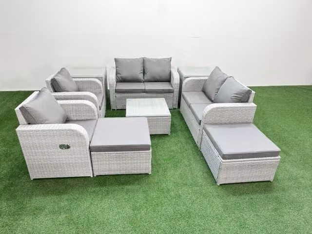 Fimous 8 Seater Rattan Garden Furniture Set in Light Grey with Reclining Chairs, U-Shape Sofa, Coffee Table and Ottomans