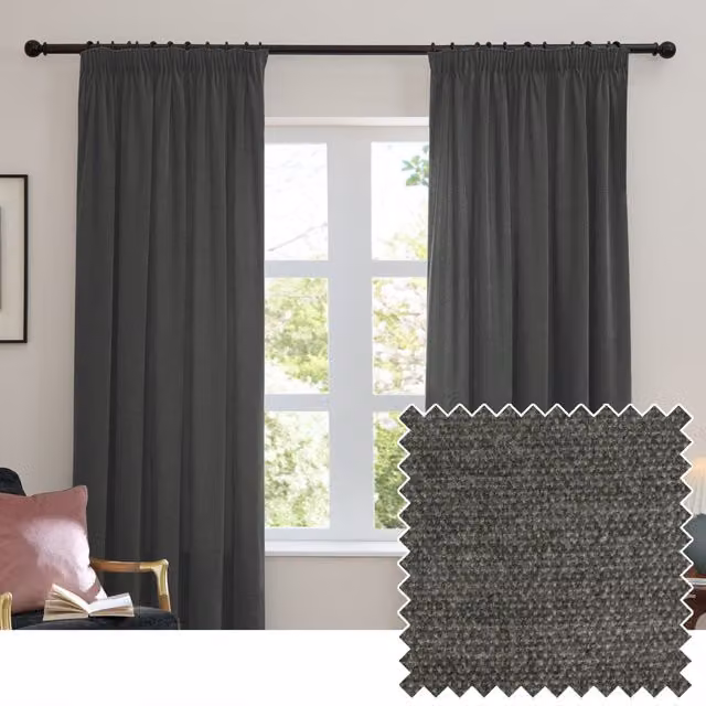 Furn Soft Chenille Blackout Pencil Pleat Curtain Pair in Charcoal, W: 229 cm, Drop: 137 cm – 1