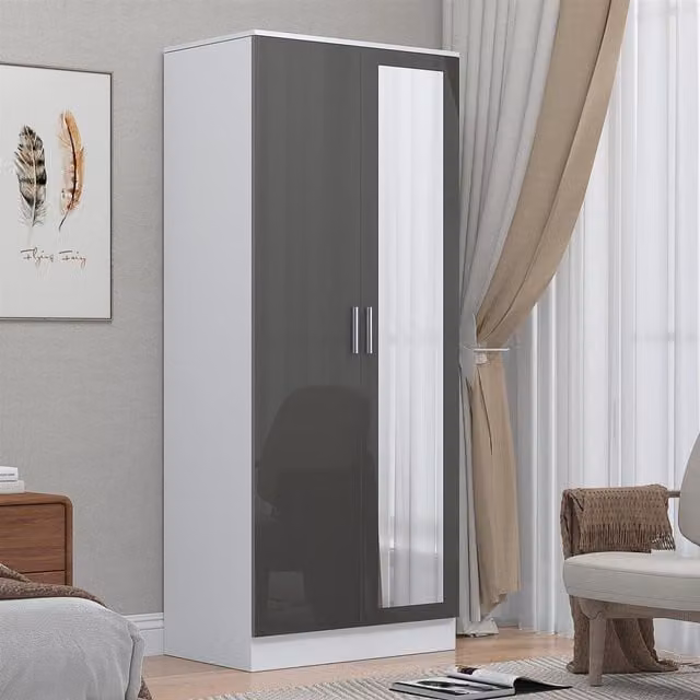 Reflect 2 Door Mirrored Wardrobe in Grey Gloss and Matt White, H 180 cm x W 76 cm x D 47 cm