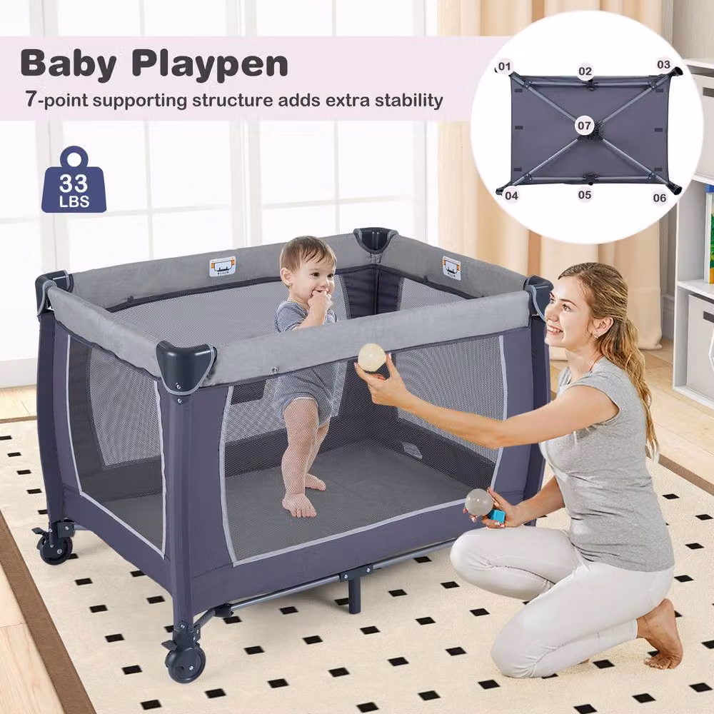 Costway Foldable Pack and Play Portable Baby Playard with Rocking Bassinet and Music Box in Dark Grey – 4