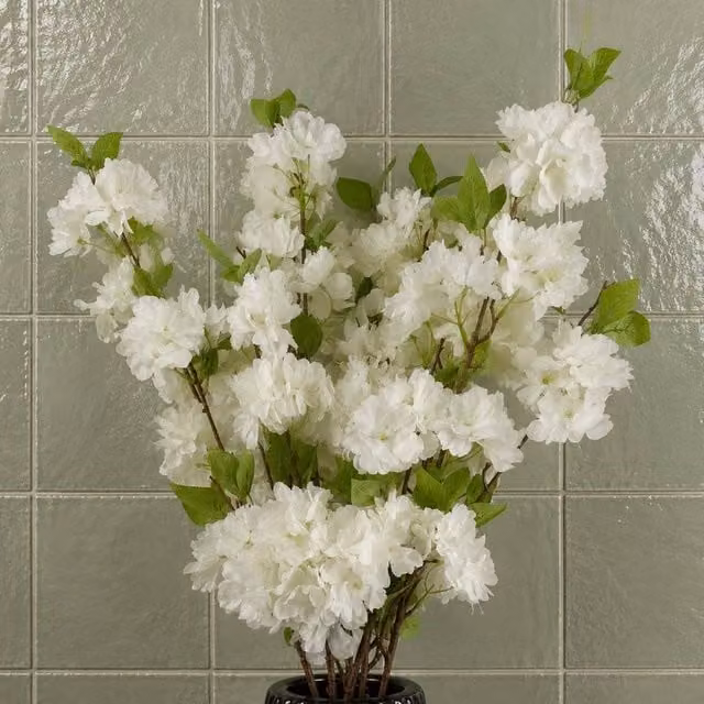 Leaf Pack of 6 White Artificial Blossom Floral Stems, 100 cm