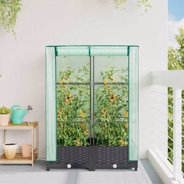 Berkfield Home Raised Bed with Greenhouse Cover in Black Rattan Look, W: 80 cm, D: 40 cm, H: 123 cm