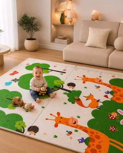 Kidoola Reversible Large Baby Play Mat in Neutral Multicolour, XPE Foam, W/D: 200 x 80 cm