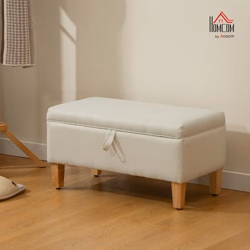 HOMCOM Beige Linen Storage Ottoman with Padded Top and Rubberwood Legs – 2