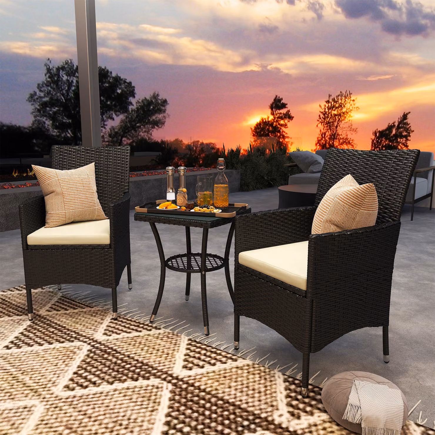 Outsunny 3 Piece Rattan Bistro Set with Wicker Chairs, Table and Cushions in Black – 2