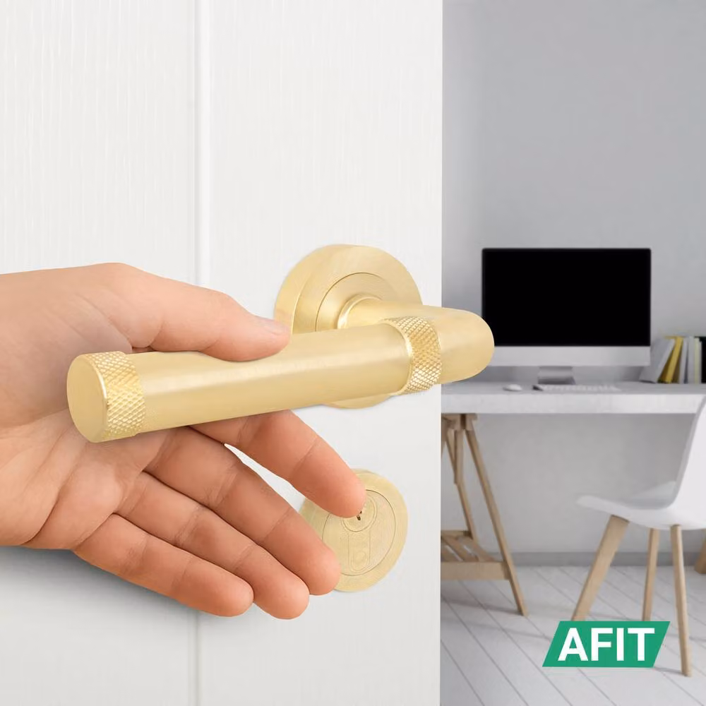 AFIT Brass Fire Door Handle with Euro Lock, Double Cylinder and Hinges in Gold, 150 x 150 mm – 2