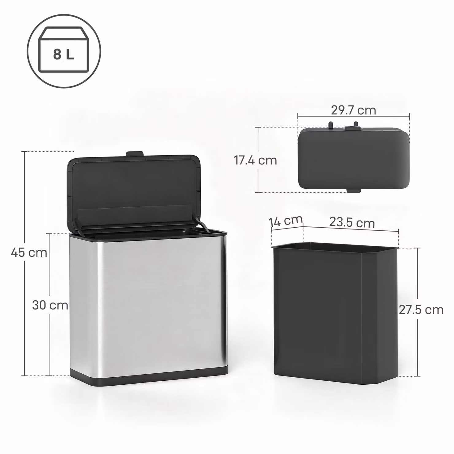 HOMCOM 8L Hanging Kitchen Bin in Silver with Flip Lid and Removable Inner Bucket – 2