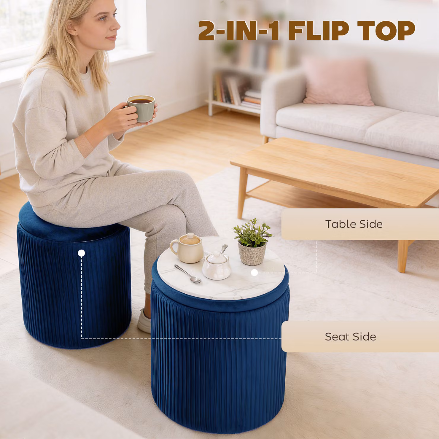 HOMCOM Modern Velvet Round Storage Ottoman Foot Stool in Blue, Diameter: 45 cm – 4