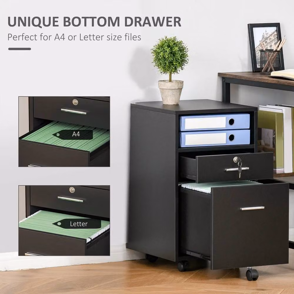 EONLION Lockable Mobile File Cabinet in Black Metal for Home or Office – 3