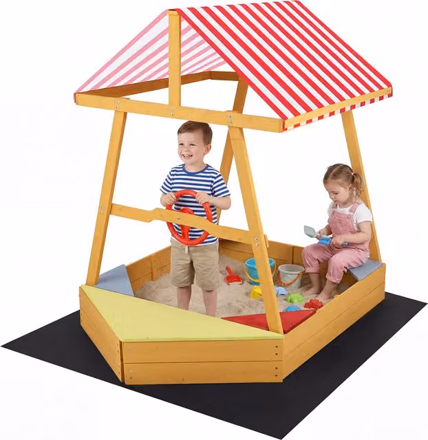 COSTWAY Yellow Wooden Sandbox with Canopy