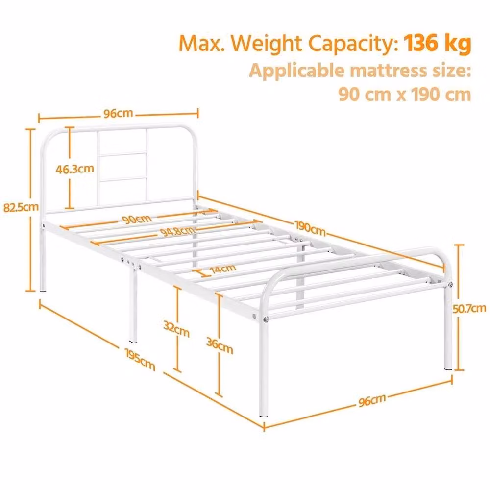 Kelvenix White Single Metal Bed Frame, W/D/H: 90 x 190 cm – 2