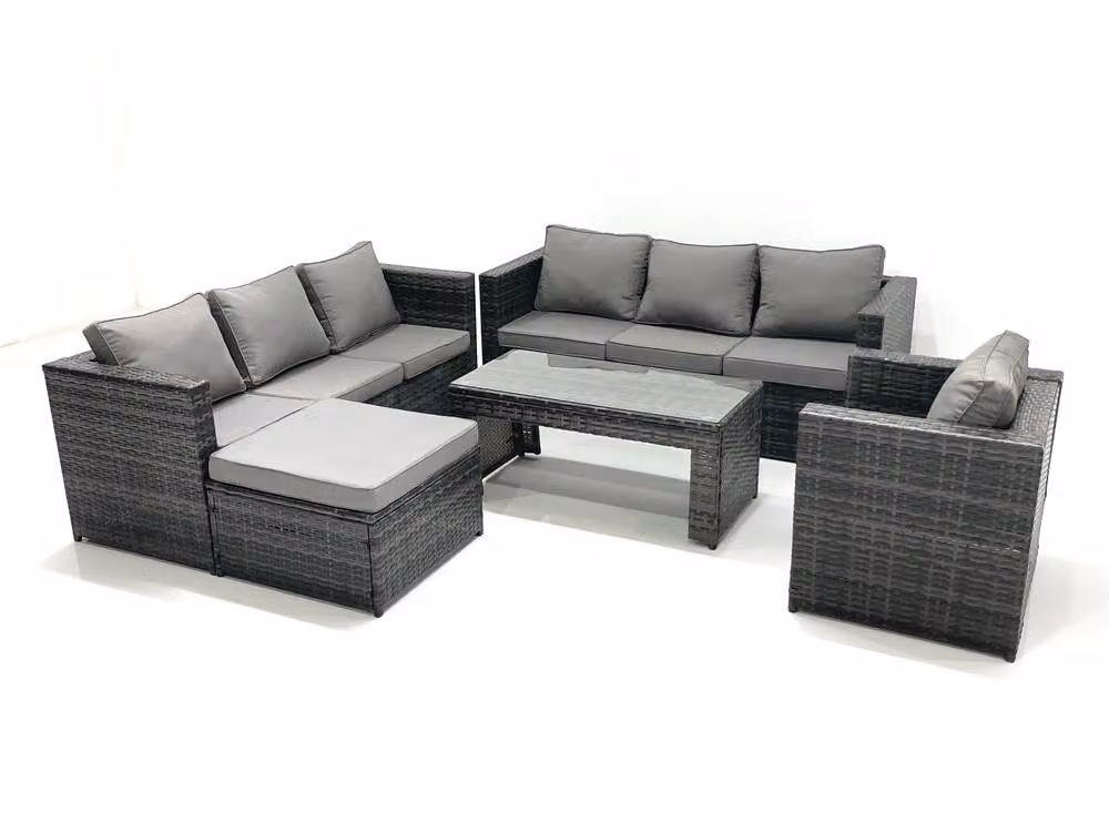 Fimous 8 Seater Rattan Garden Furniture Set in Dark Grey with Glass Top Coffee Table, L-Shape Sofa, Armchairs and Ottoman – 2
