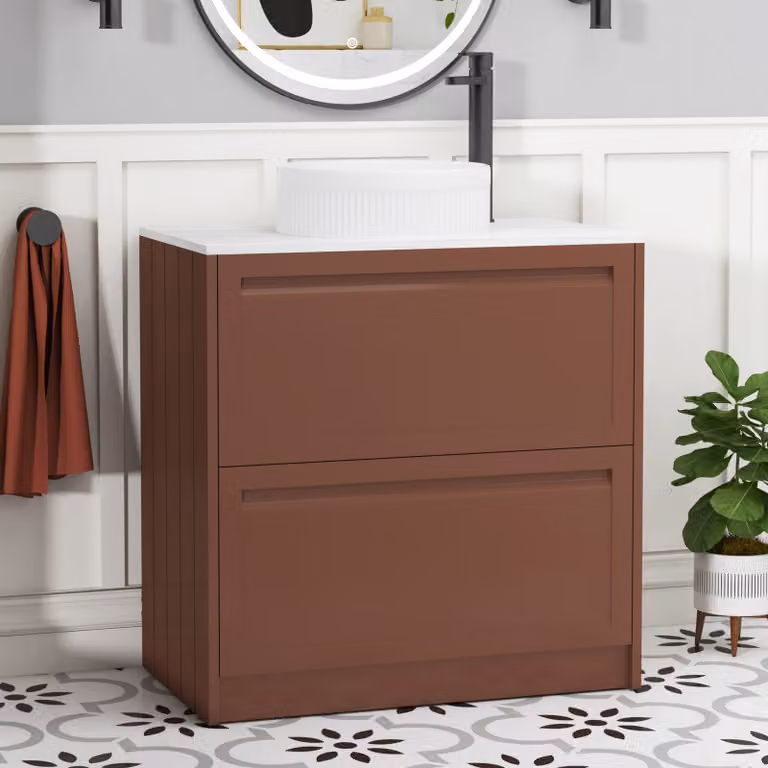 Royal Bathrooms Elmore Terracotta Clay Floor Standing Countertop Vanity Unit with 2 Drawers and Round Basin, Width: 80 cm