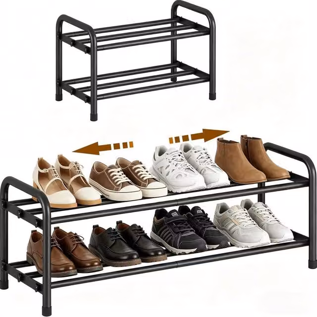 FORGEVIO Extendable 2-Tier Metal Shoe Rack in Black