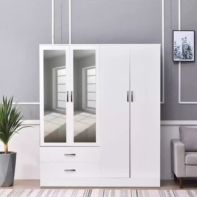 FORGEVIO White Glossy Mirrored Wardrobe with 2 Drawers, Hanging Rail and Internal Shelves