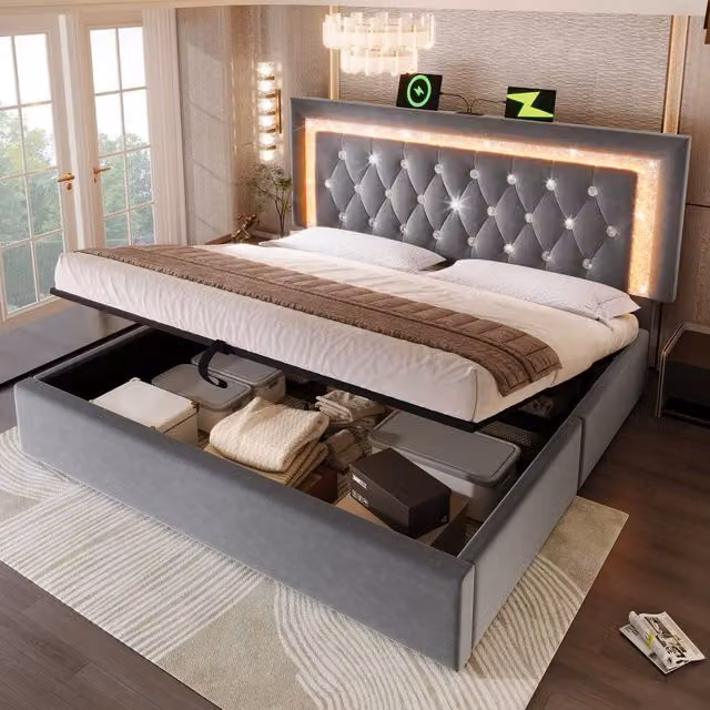 Matteo Grey King Size Velvet Upholstered Bed with LED Lighting and USB Charging Ports, W/D/H: 150 x 200 cm – 1