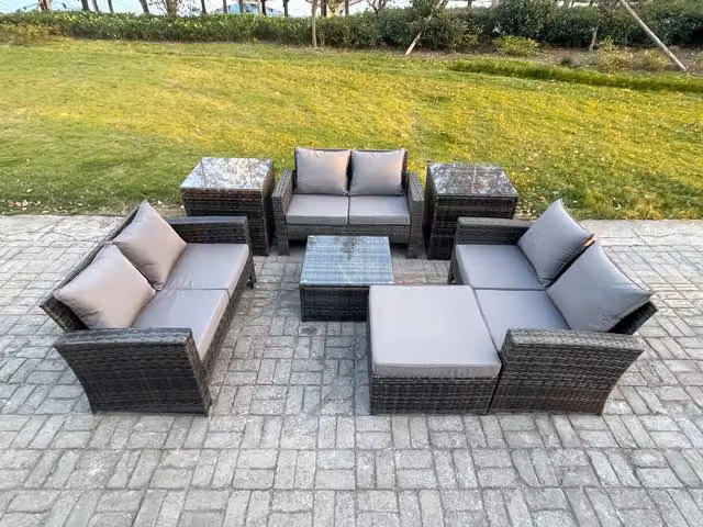 Fimous 7 Piece U-Shape Outdoor Lounge Sofa Set with Coffee Table and Ottomans in Dark Grey PE Rattan