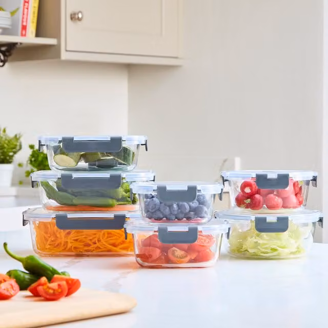 Neo 7 Piece Grey Glass and Silicone Food Storage Container Set with Clip Lids, BPA-Free, Microwave, Freezer and Dishwasher Safe