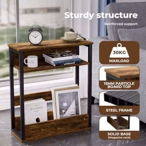 Levede Vintage Brown 3-Tier Side Table with Storage Shelf, Height: 55 cm, Width: 40 cm, Depth: 18 cm – 5