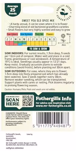 Mr Fothergill's Oh Sow Simple Sweet Pea Heritage Mix Multicolour Flower Seeds – 2
