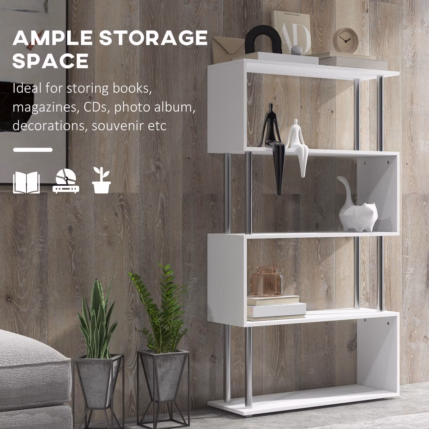 HOMCOM S Shaped Wooden Bookcase and Storage Display Unit in White – 3