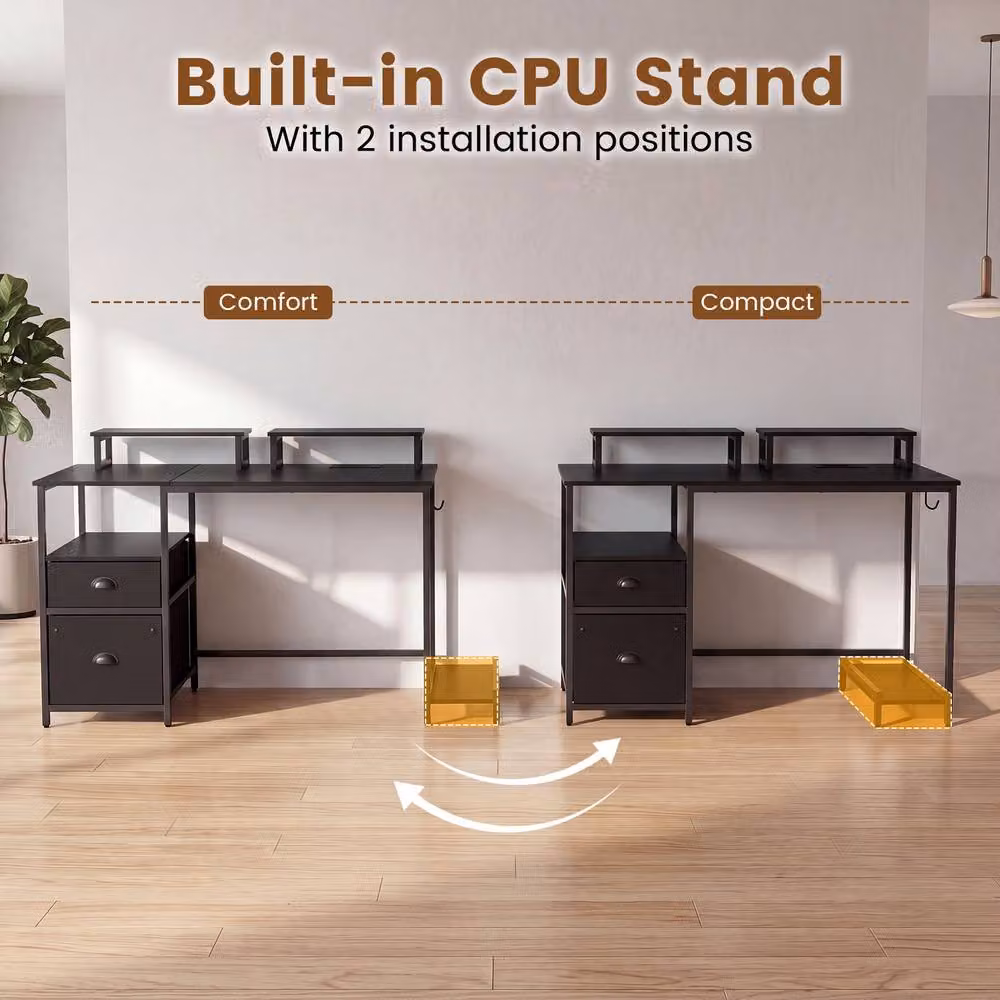 Costway Modern Black Computer Desk with Power Outlets and 2 Monitor Shelves – 4