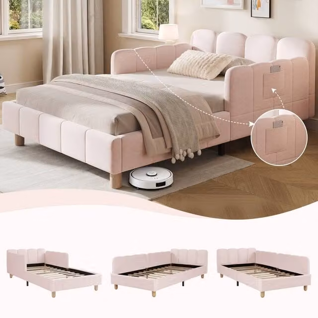 ModernLuxe Kids Single Upholstered Velvet Bed Frame with Headboard and Safety Rail in Pink, W/D/H: 190 x 90 x 64 cm