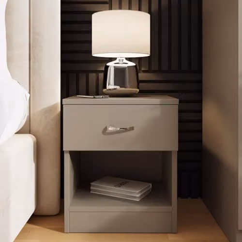 FWStyle Modern Beige Bedside Table with 1 Drawer and Open Storage Shelf – 2