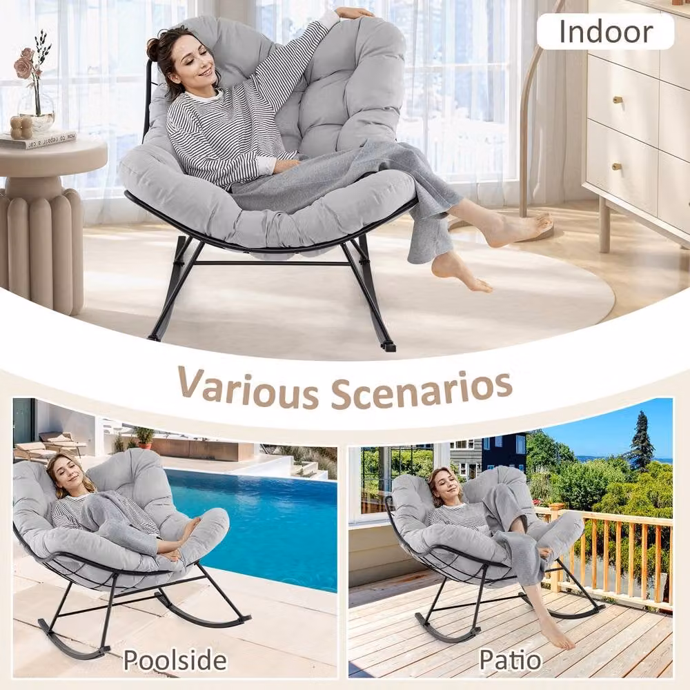 Gymax Oversized Egg Papasan Rocking Chair with Cushion in Grey – 2