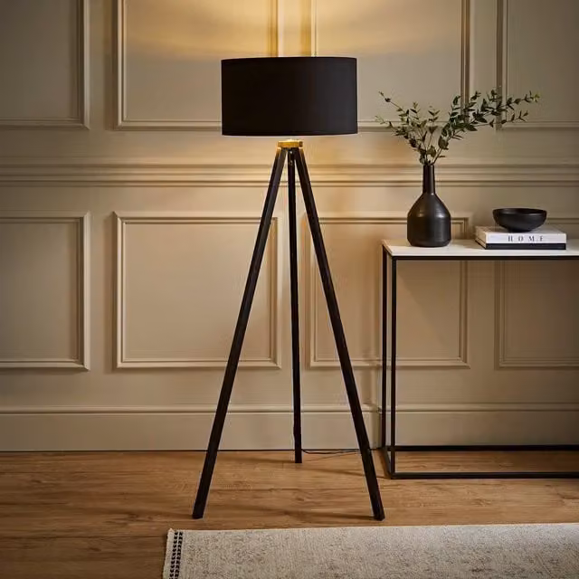 ValueLights Barbro Modern Black Wood Tripod Floor Lamp with Gold Fabric Cylinder Shade and LED Bulb, Height: 130 cm