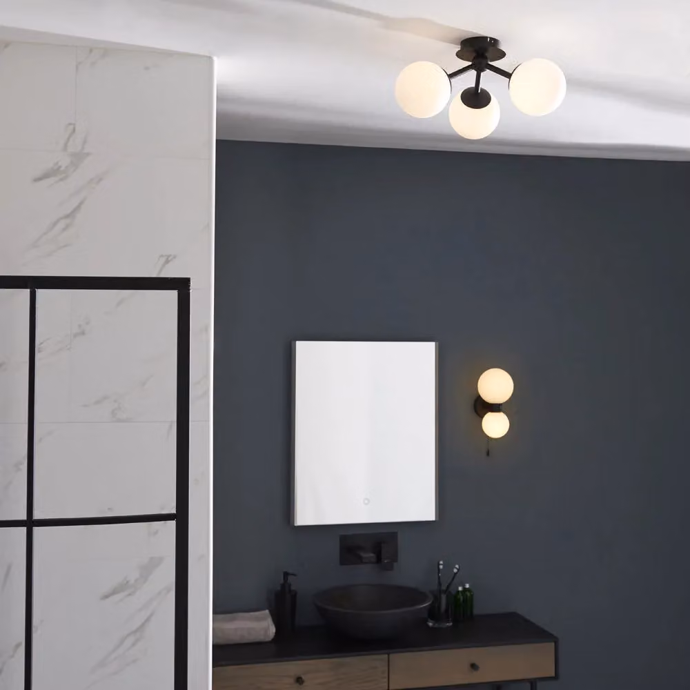 Loops 3-Lamp Semi Flush Bathroom Ceiling Light in Matt Black and White Glass – 3
