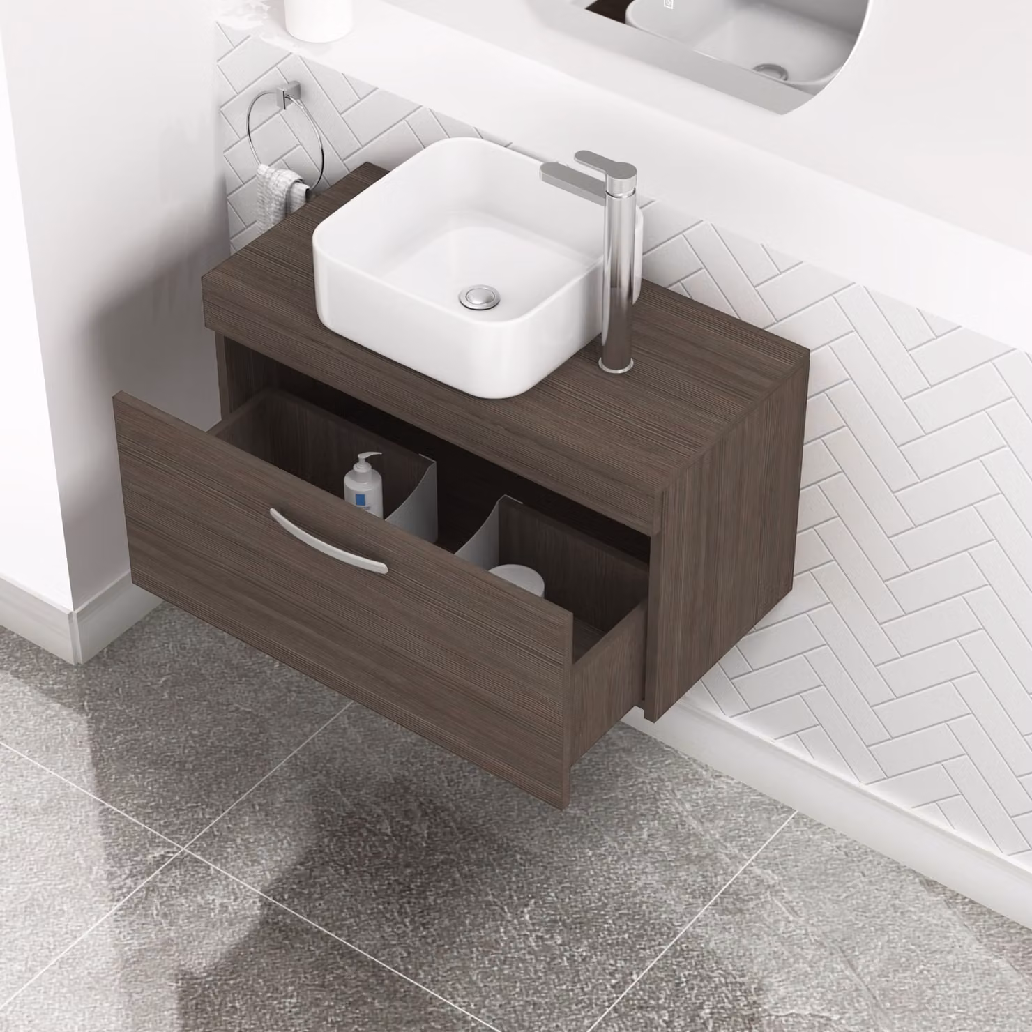Royal Bathrooms Turin Grey Elm 1-Drawer Wall Hung Unit and White Soft Square Ceramic Countertop Basin