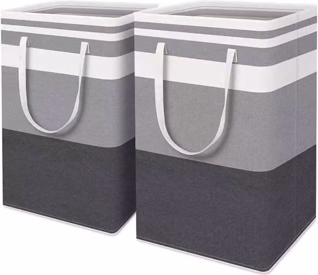 KDMD 2 Pack Collapsible Fabric Laundry Hamper Baskets with Handles, 75L, Grey and Black
