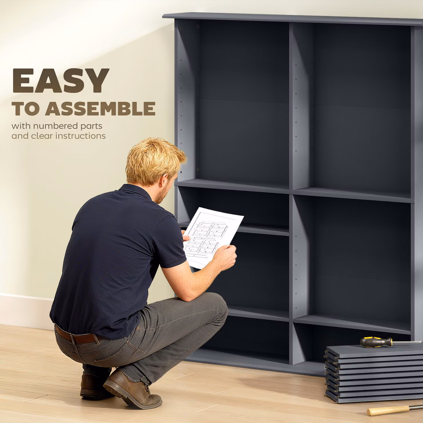 HOMCOM Grey 16-Compartment Media Shelf with Adjustable Shelves and Back Panel – 6