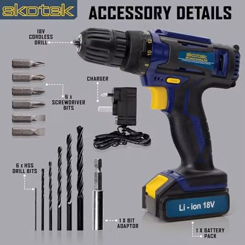 Skotek 18V Cordless Drill and 13-Piece Bit Set with Rechargeable Battery in Blue – 4