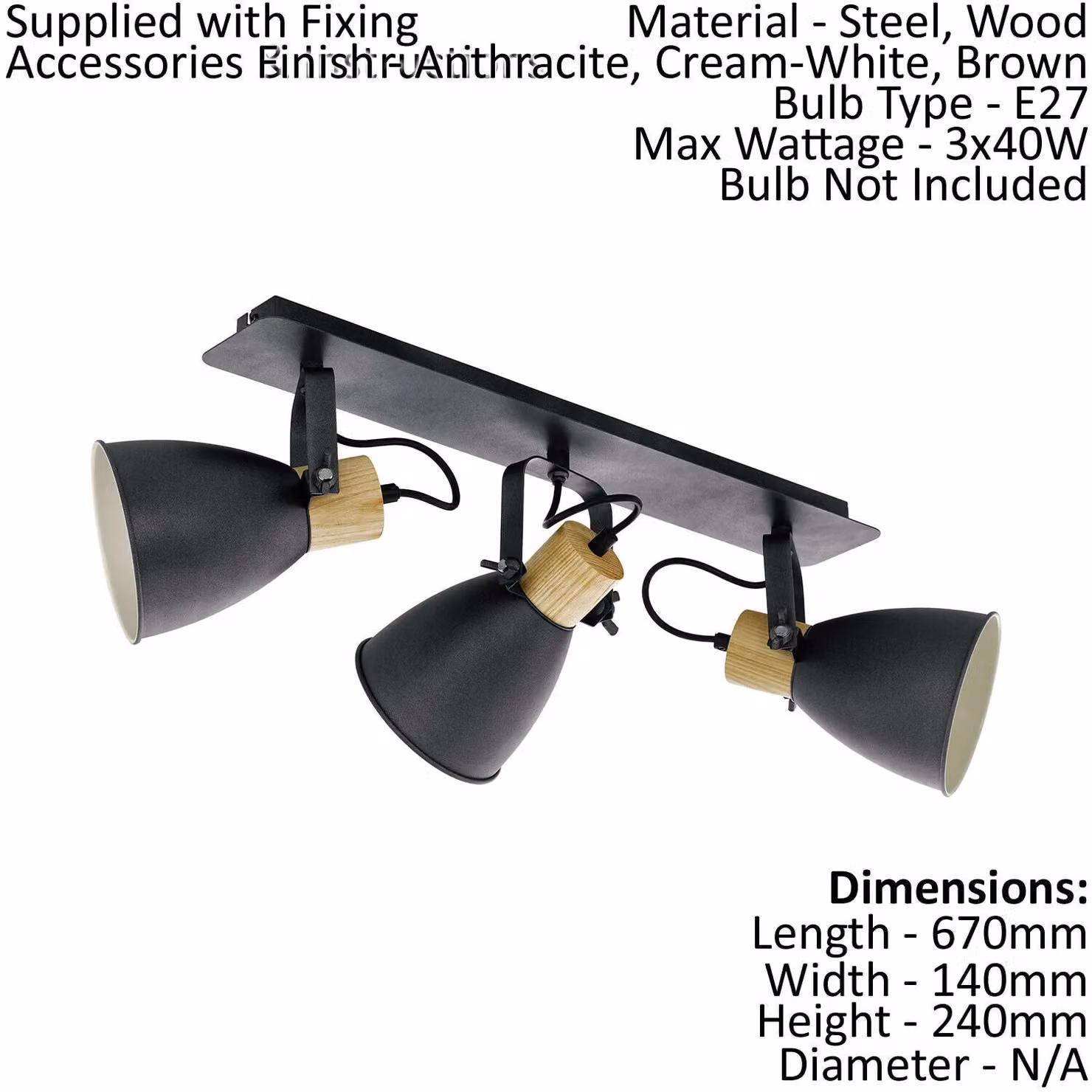 Loops Ceiling Spot Light and 2x Matching Wall Lights in Black and Wood with Adjustable Shades – 2