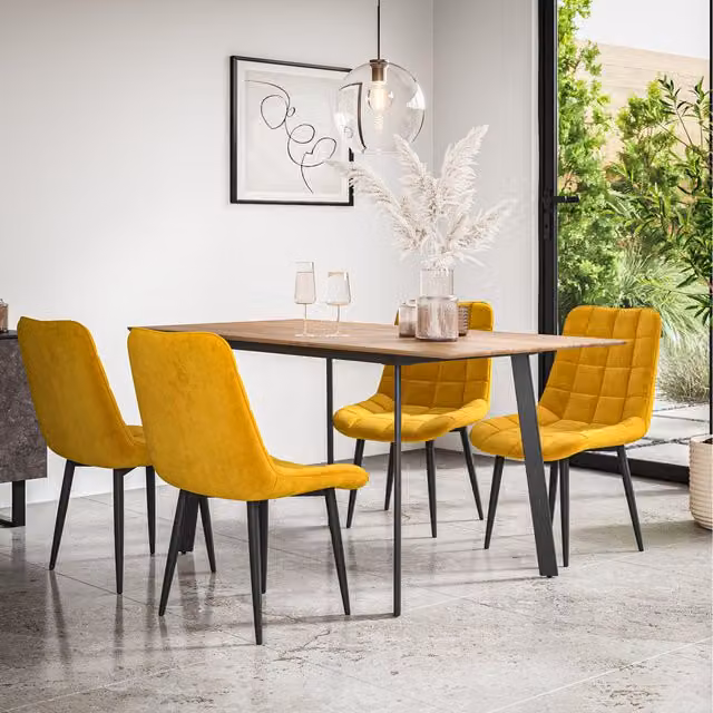 More4Homes Haydon Extending Oak Effect Dining Table Set with 4-6 Nova Velvet Chairs in Yellow and Black, W/D/H: 120 x 80 x 76 cm