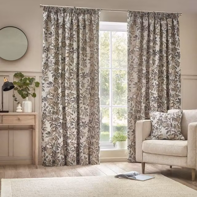 Wylder Tropics Pomegranate Floral Jacquard Pencil Pleat Curtains in Natural, Width: 168 cm, Drop: 137 cm