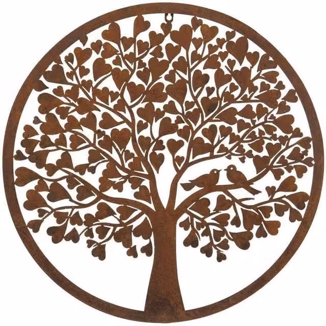 F&G Supplies Rustic Metal Garden Wall Art Plaque with Heart Leaf Tree and Love Birds, Brown, Diameter: 60 cm