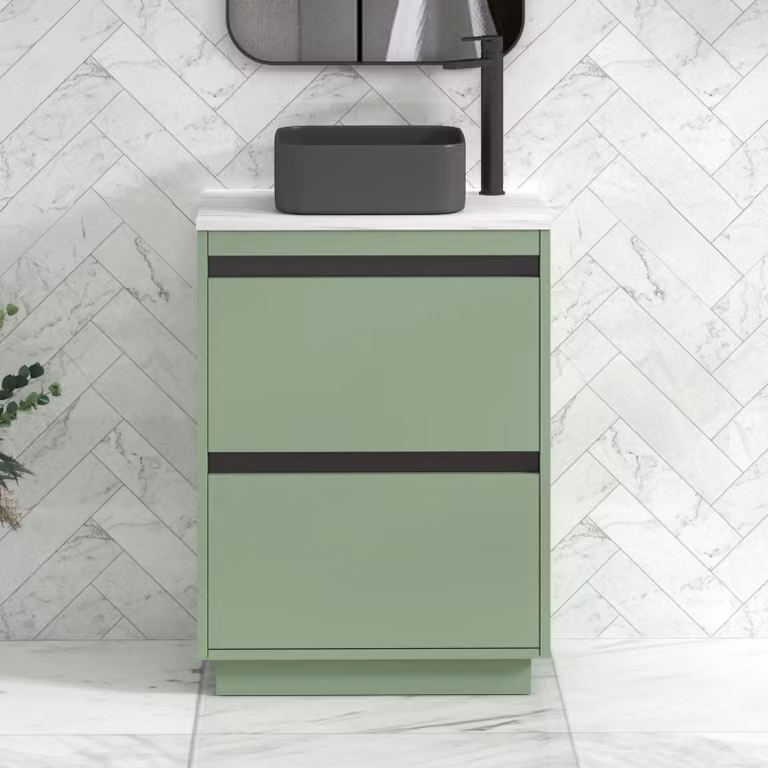 Royal Bathrooms Orion 800mm Mint Sage Floor Standing Countertop Vanity Unit with 2 Drawers, Art Square Basin and Black Accent Trim