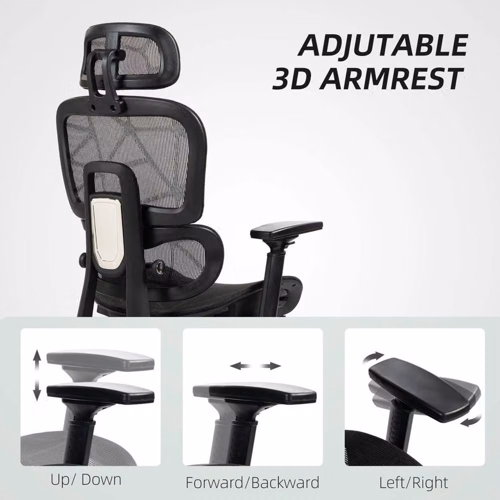 Ventryn Ergonomic Black Fabric Swivel Office Chair with Headrest and 3D Armrests – 5