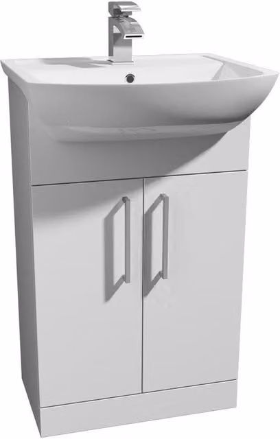 Clifton White Glossy Modern Freestanding Bathroom Unit with Soft Close Hinged Doors, Width: 55 cm
