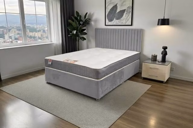 Knight Sleep Emily Divan Bed with Sprung Memory Foam Hybrid Mattress and Headboard, Silver, W/D/H: 90 x 190 cm – 1