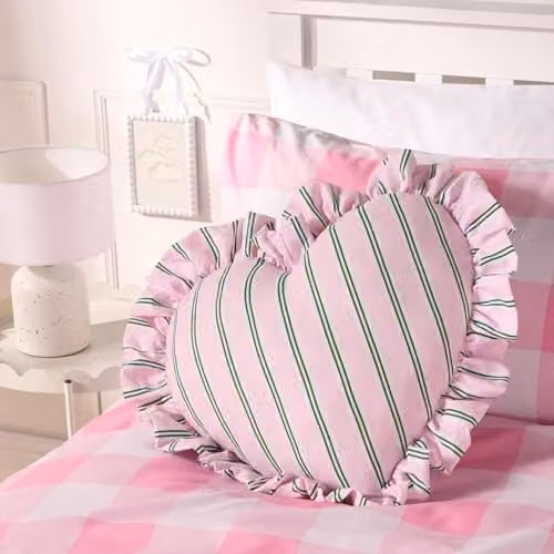 OHS Striped Heart Cushion with Frill Edges, Pink and Green, 40 cm