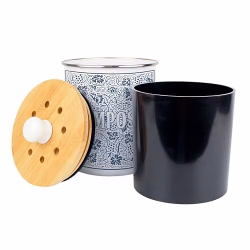 Purely Home Oak Leaves & Berries Compost Caddy, Blue Enamel Metal Kitchen Food Waste Bin with Removable Inner Bucket and Odour Filter, 2L – 2